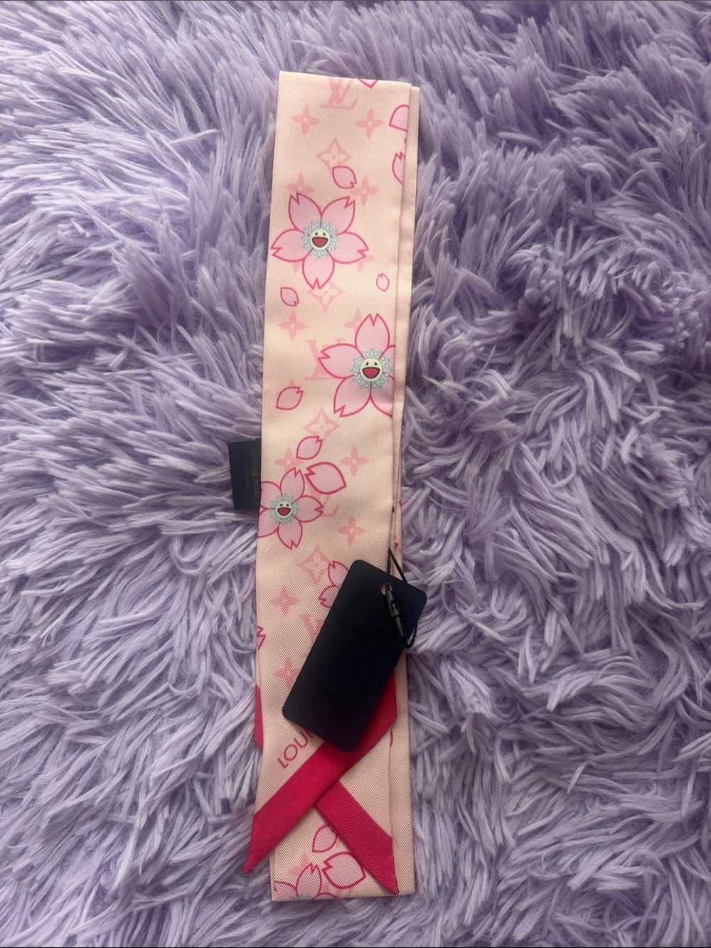 Inspired LV Pink Cherry Blossom Silk Twilly Scarf with Pink Trim